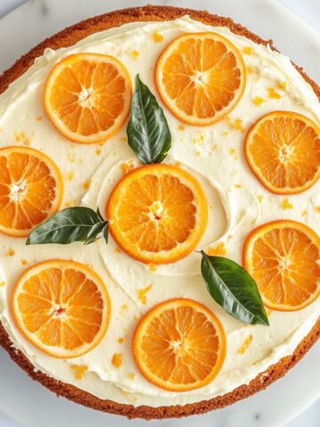 Whole orange creamsicle cake recipe on a white marble counter with creamy vanilla frosting