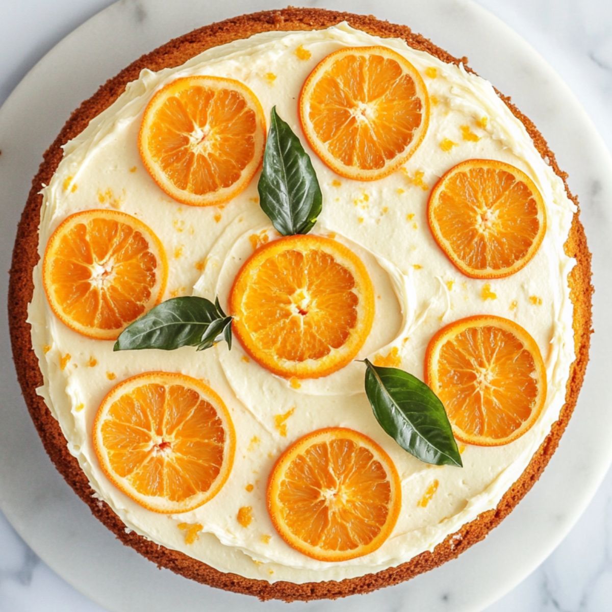 Whole orange creamsicle cake recipe on a white marble counter with creamy vanilla frosting