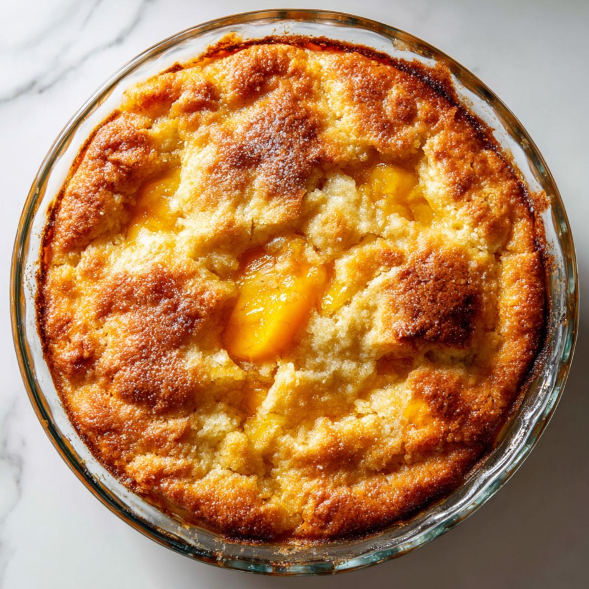 Baked peach cobbler pudding recipe in white ceramic dish on white marble counter