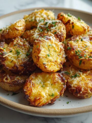 Crispy ranch potatoes recipe served on a white plate with golden edges and a rustic homemade look