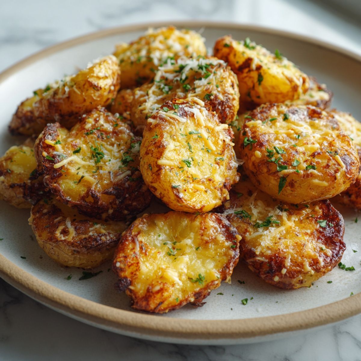 Crispy ranch potatoes recipe served on a white plate with golden edges and a rustic homemade look