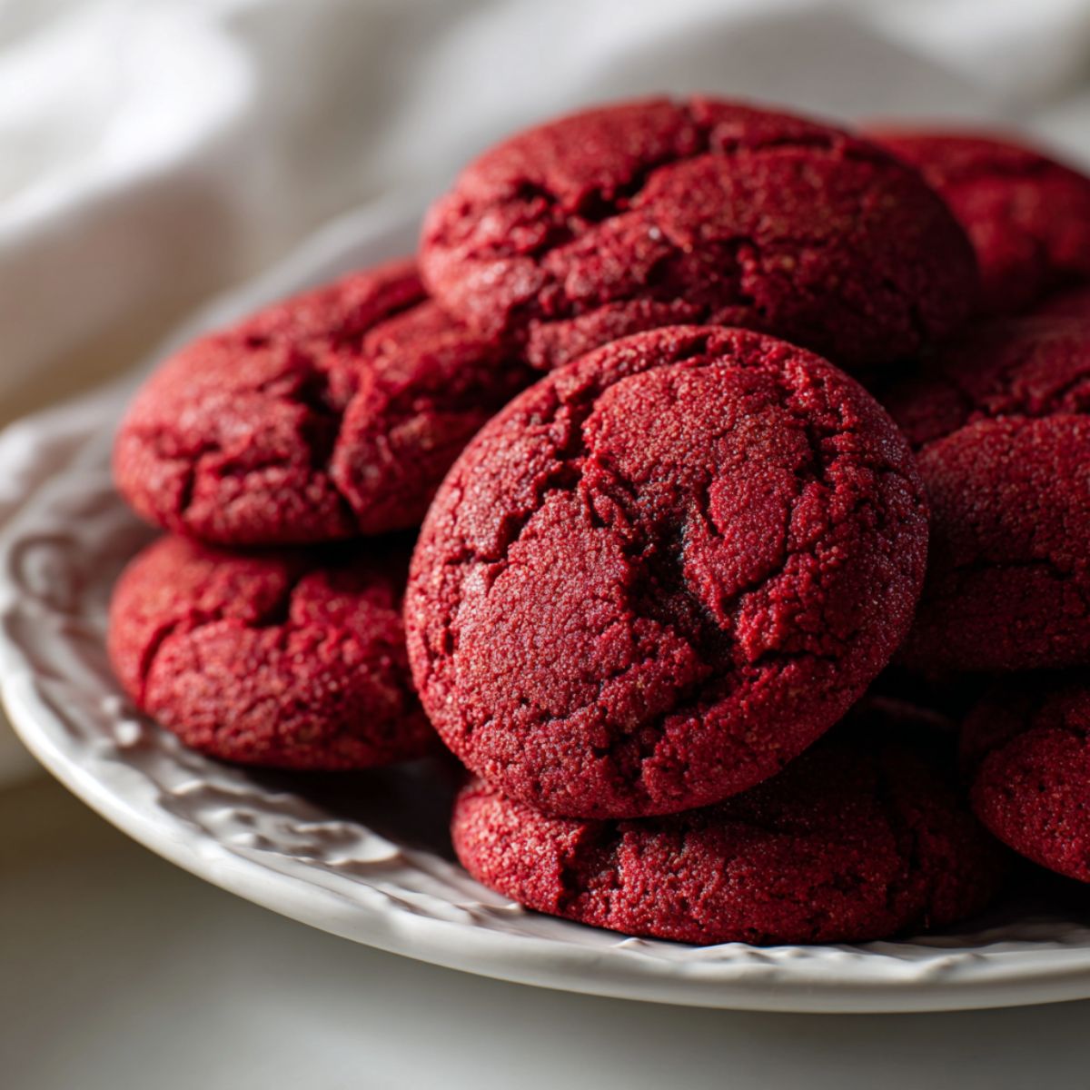 Freshly baked red velvet cookies recipe  cooling on a white counter