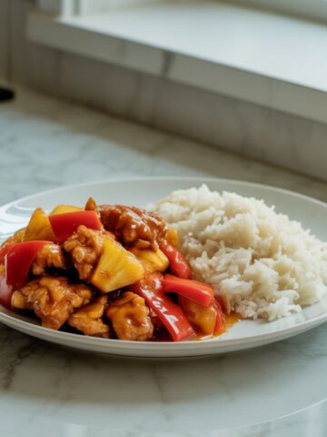 A plate of crispy sweet and sour chicken recipe served with pineapple, peppers, and rice on a white marble counter