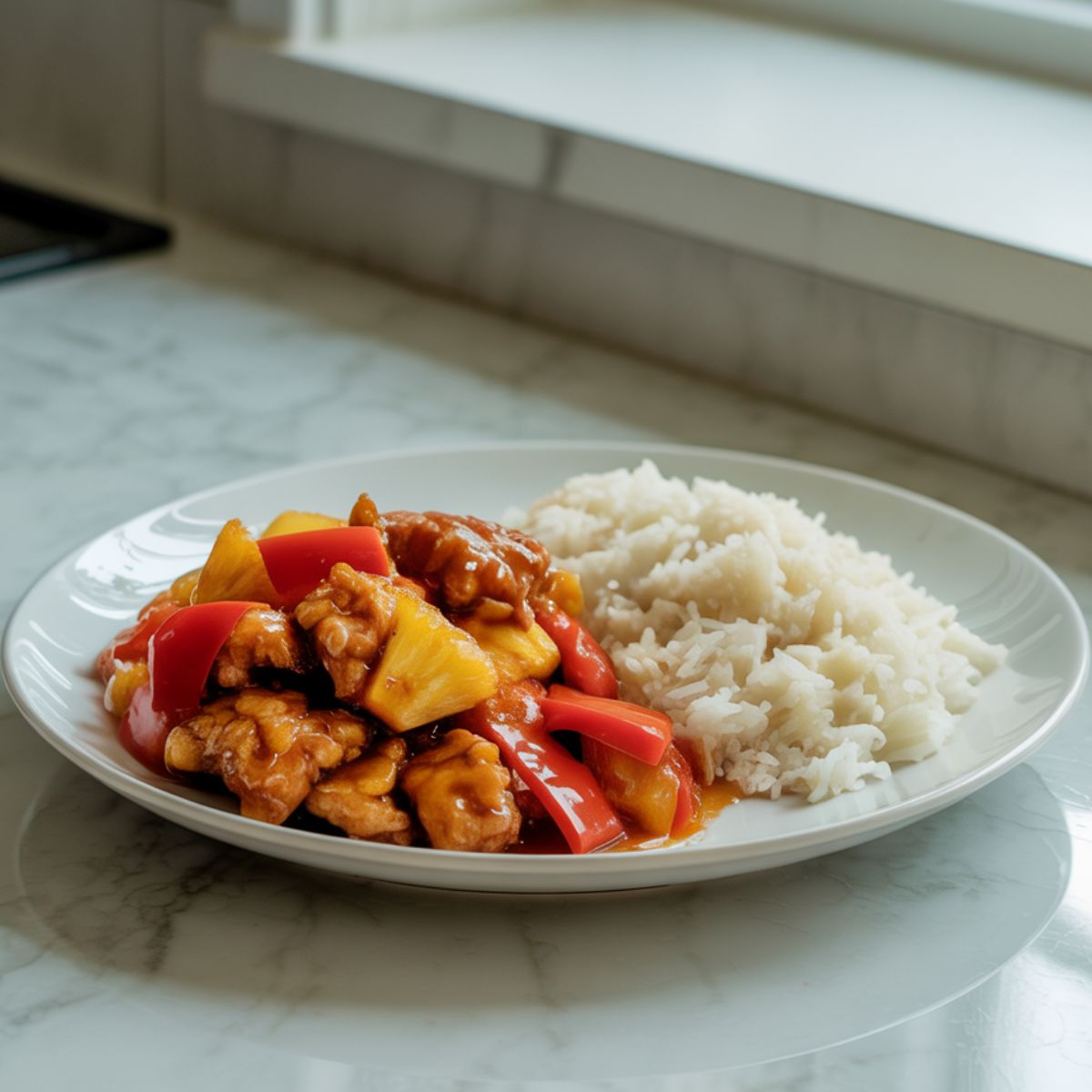 A plate of crispy sweet and sour chicken recipe served with pineapple, peppers, and rice on a white marble counter

