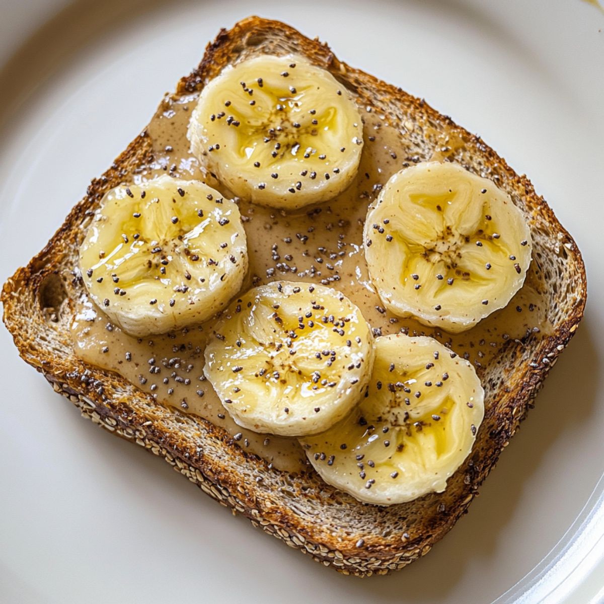 Overhead view of two almond butter banana toast recipe slices with banana, honey, and chia on a white marble kitchen counter.