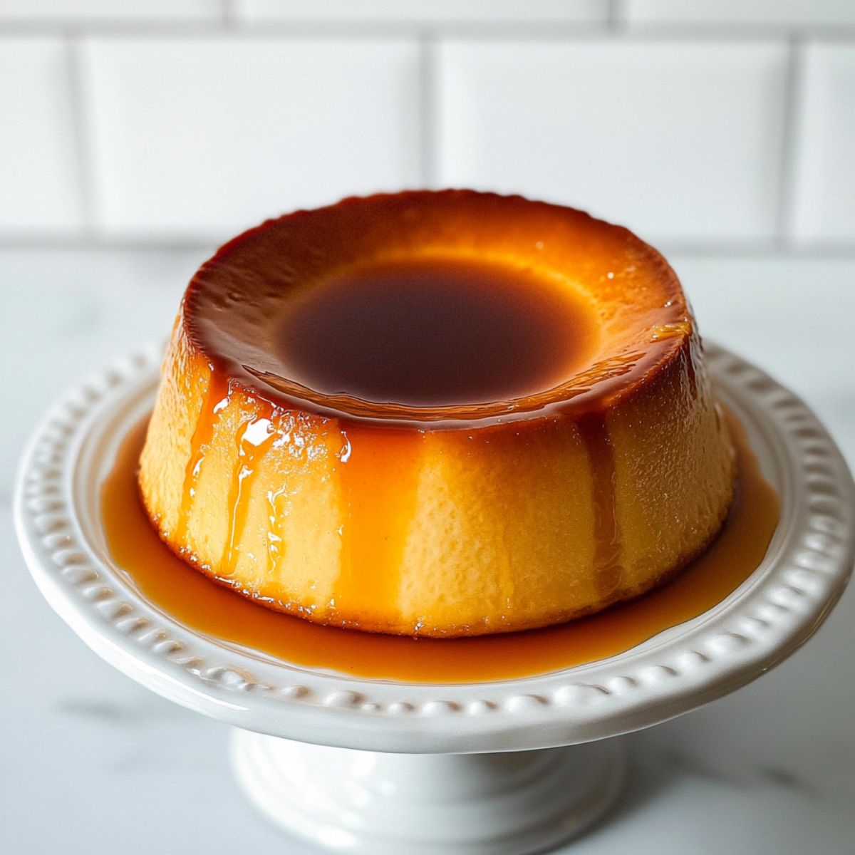 Freshly unmolded homemade caramel flan recipe on a plate with golden caramel sauce cascading down the sides, shot from above.

