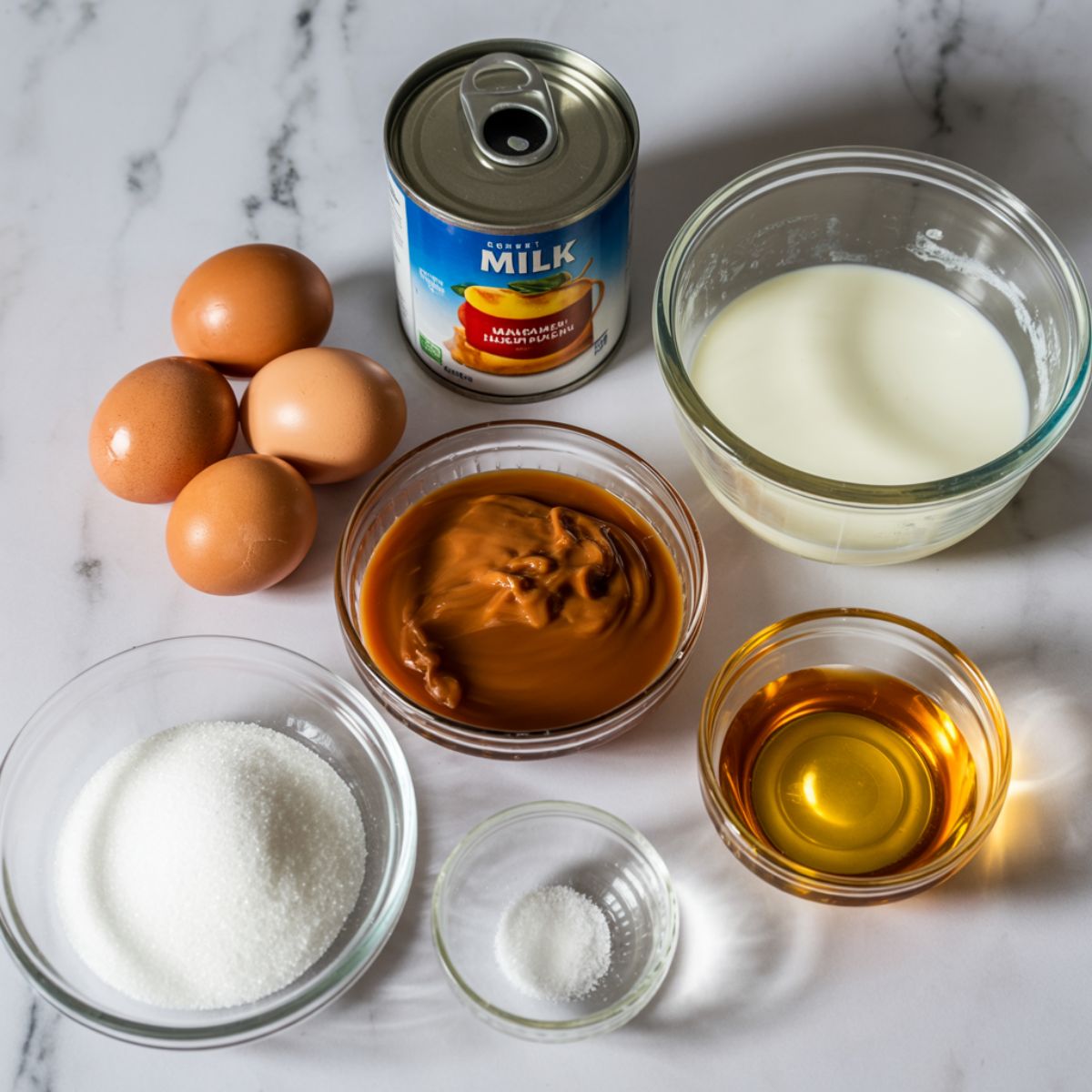 Top-down view of flan ingredients on a white marble counter: eggs, milks, sugar, vanilla, salt in clear glass bowls.

