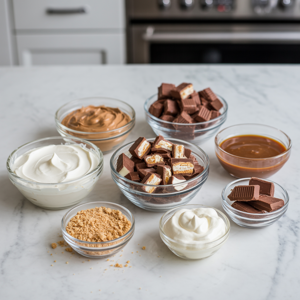 Overhead view of Snickers pie recipe ingredients in glass bowls