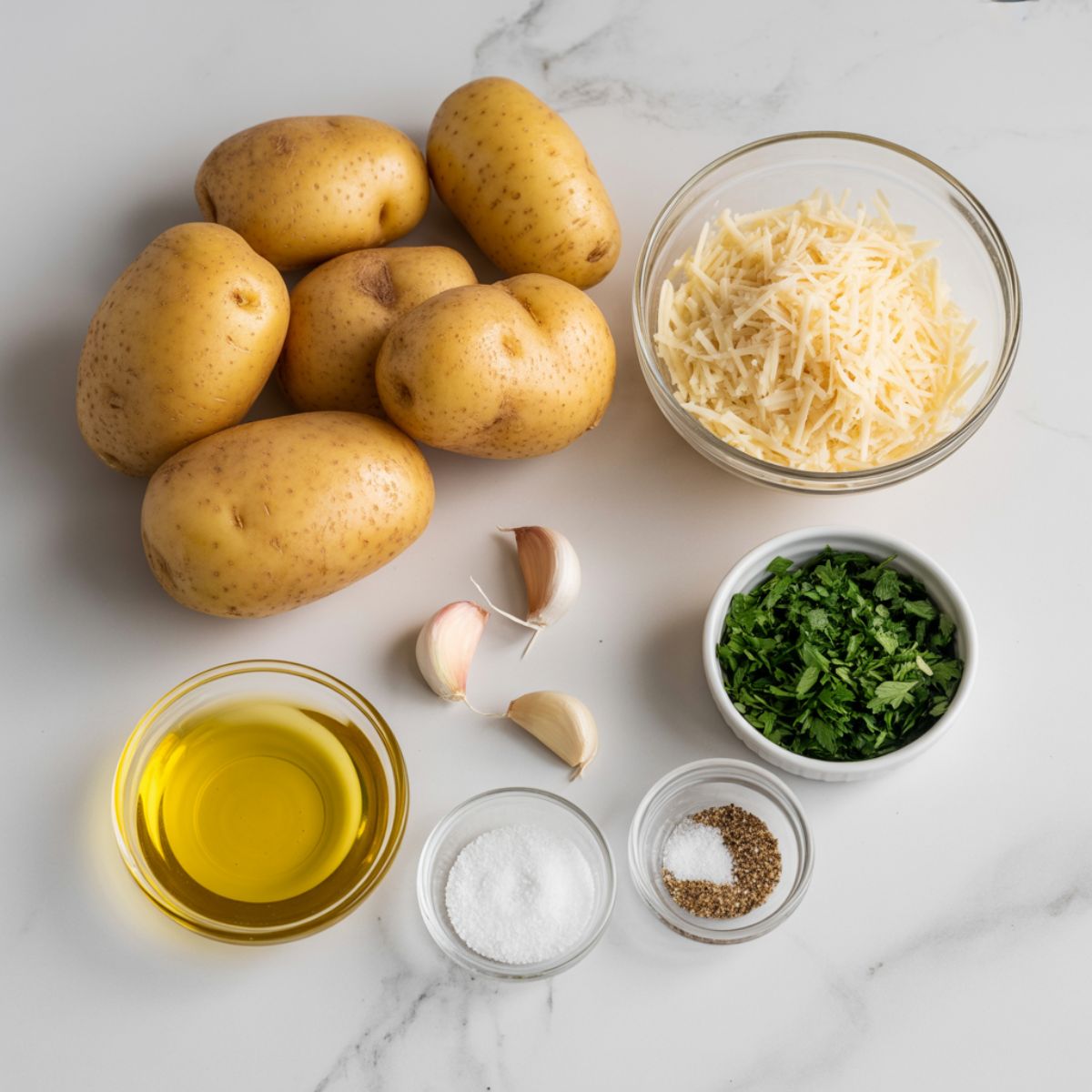 Close-up of raw russet potatoes, fresh garlic cloves, Parmesan cheese, parsley, and seasonings on a counter