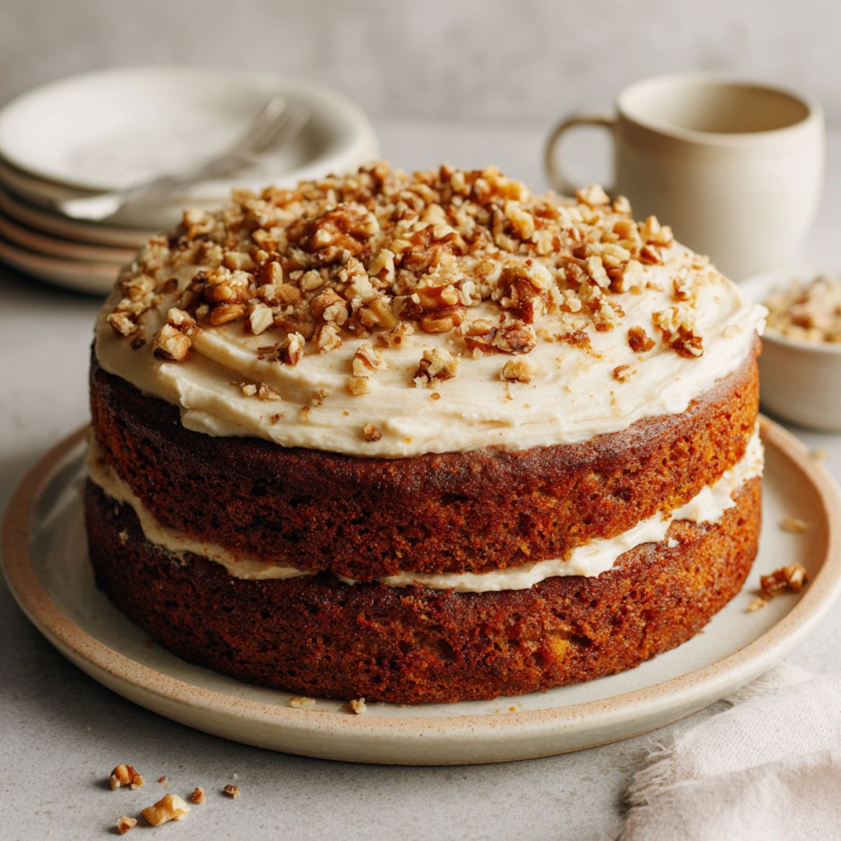 Homemade carrot cake with walnuts recipe freshly baked and frosted