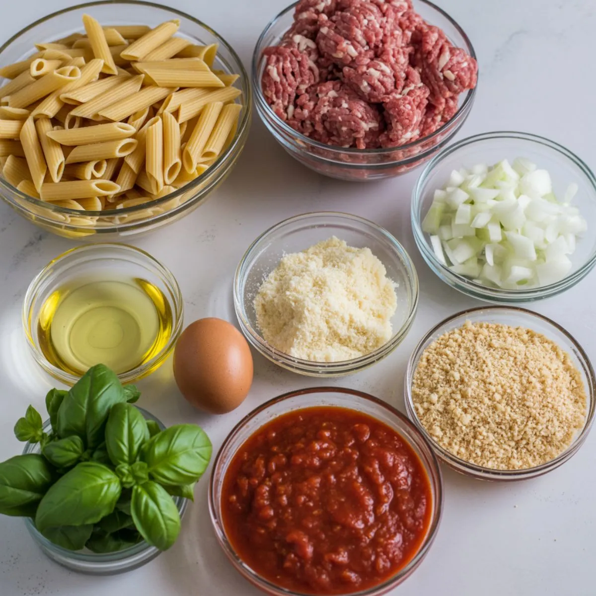 Ingredients for penne with meatballs arranged on a white counter