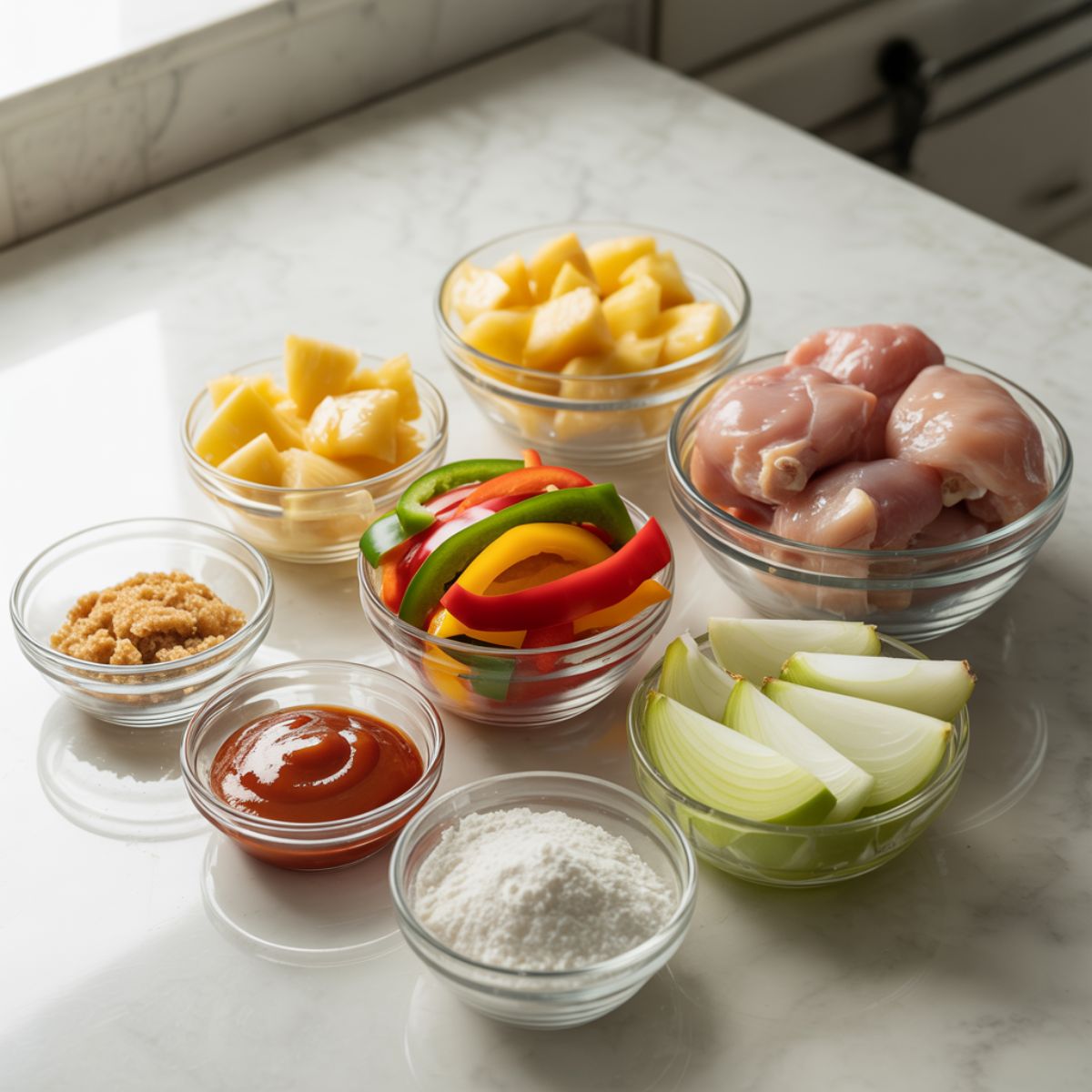 Flatlay of sweet and sour chicken recipe ingredients in glass bowls on a white marble surface
