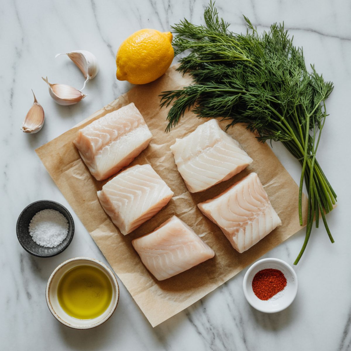Overhead image of cod fillets with fresh dill, lemon, garlic, and spices on a white marble surface.