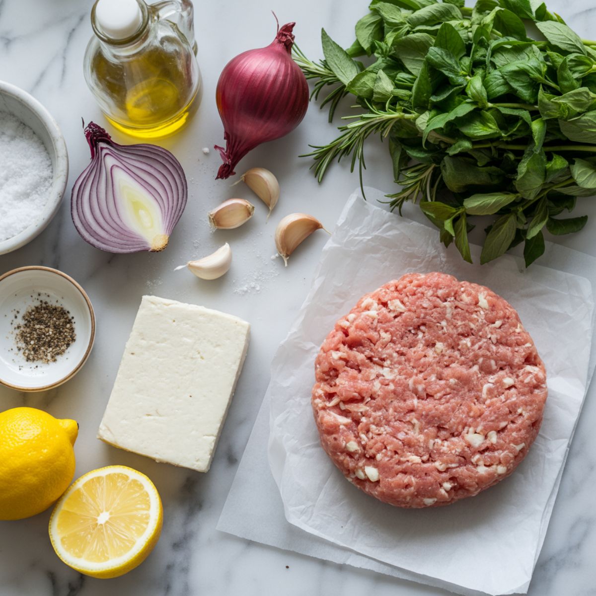Flatlay of ingredients for homemade chicken feta burgers on a kitchen counter.

