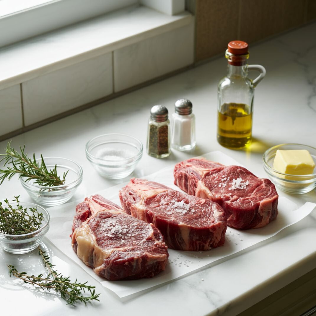 Ingredients for garlic butter steak recipe laid out on marble counter