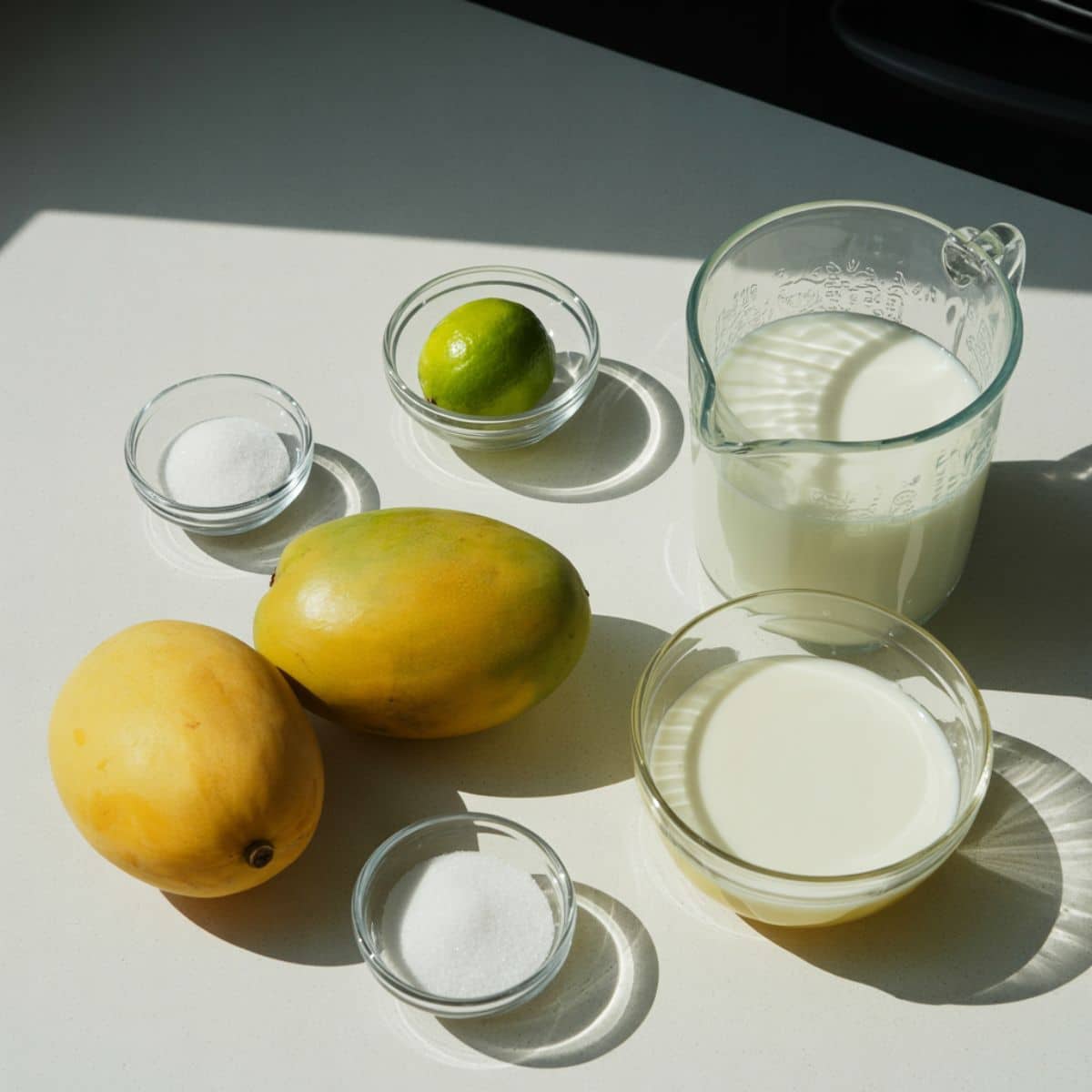 Ingredients for mango coconut pudding including mangoes, coconut milk, and sugar.