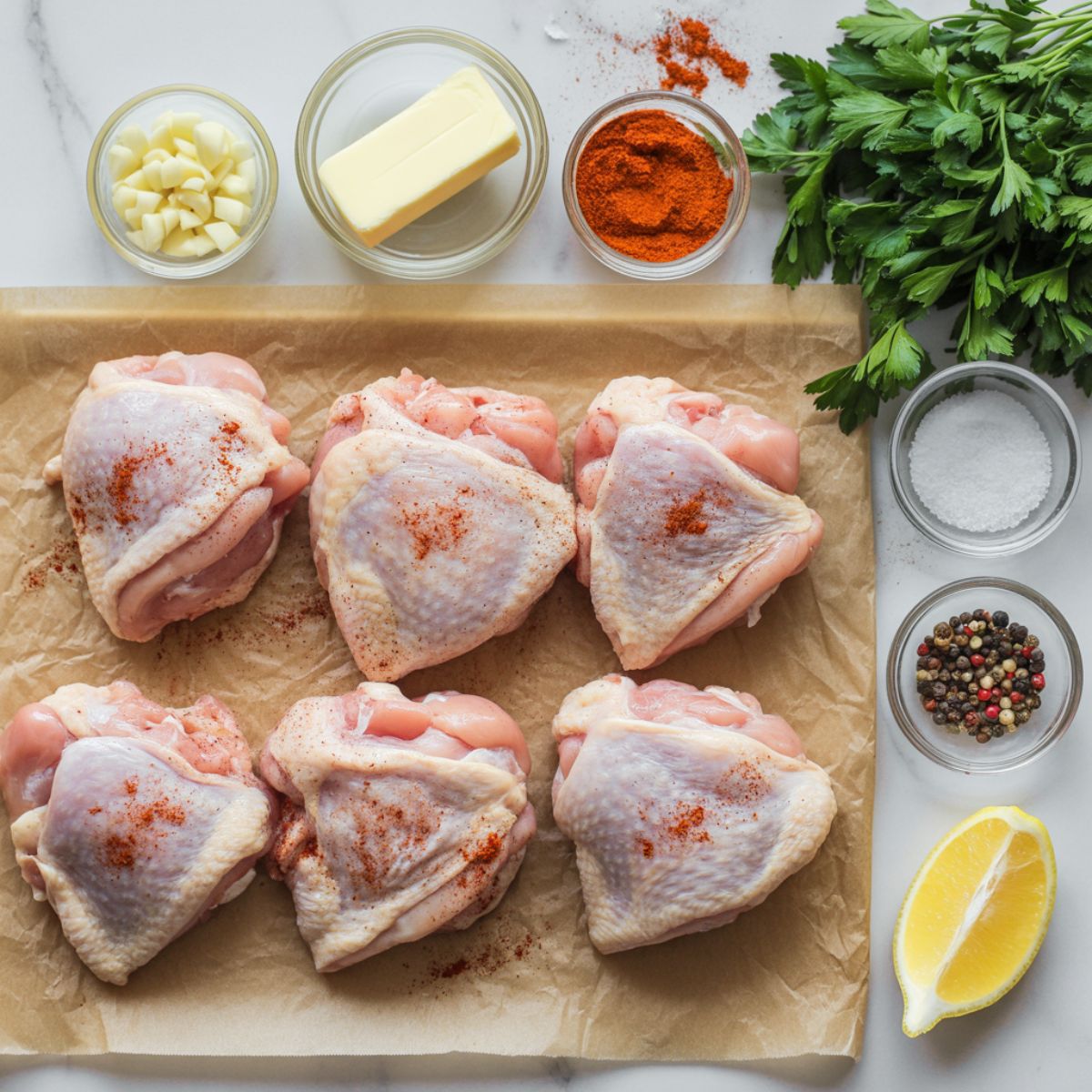 Close-up overhead shot of raw chicken thighs, garlic, butter, spices, and herbs laid out for cooking.	