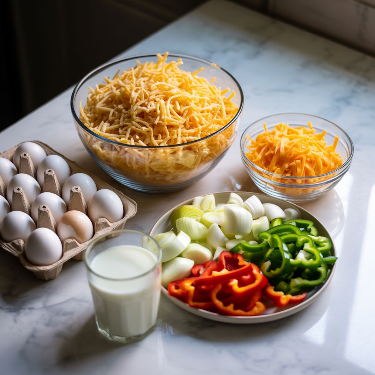 Raw ingredients for hashbrown egg casserole recipe  arranged on a white marble counter