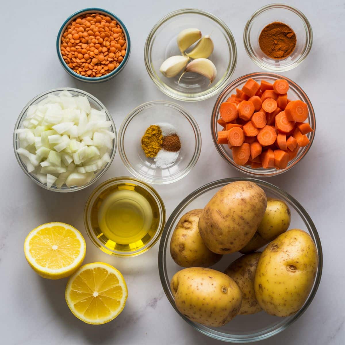 Flat lay of fresh ingredients for red lentil soup