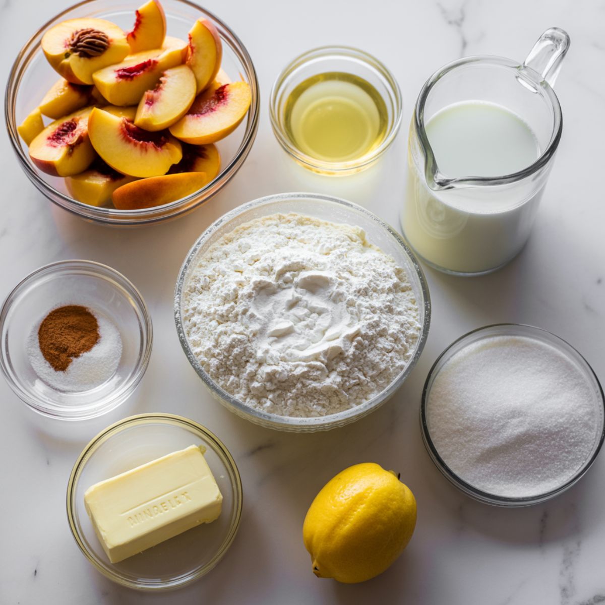 Peach cobbler pudding ingredients in glass bowls on white marble countertop