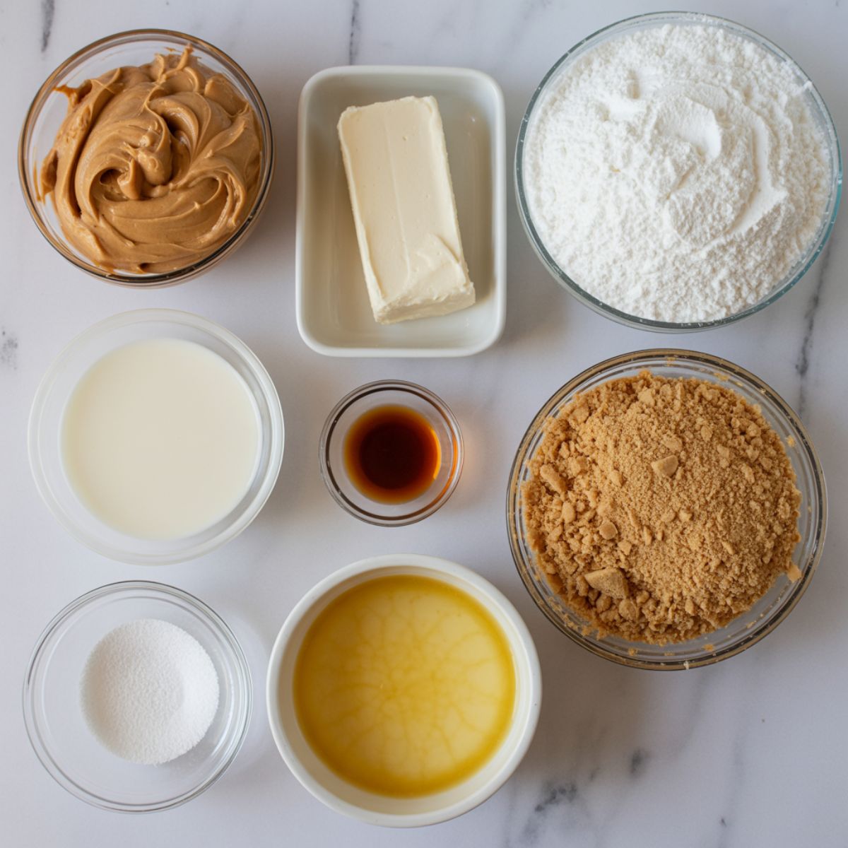 Overhead shot of peanut butter pie recipe ingredients on a marble counter