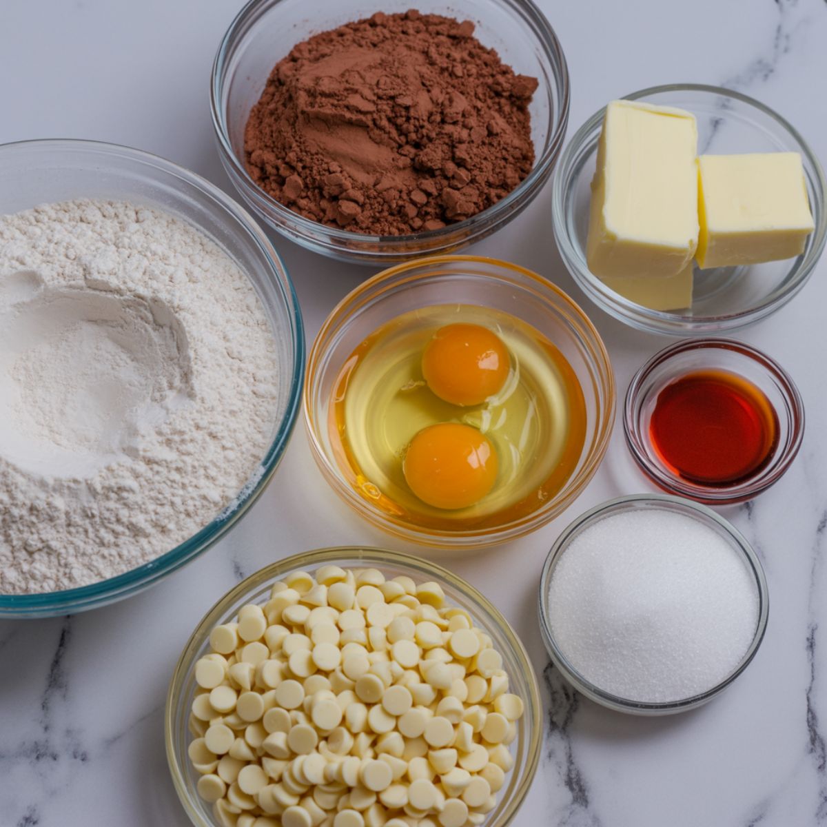 All ingredients for red velvet cookies recipe laid out on a white kitchen counter