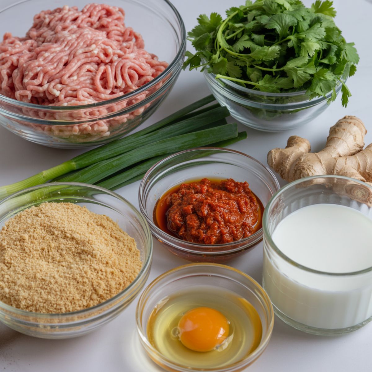 Overhead view of ingredients for Thai chicken meatballs recipe laid out on a white counter