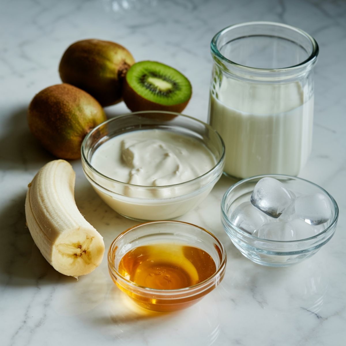 Ingredients for kiwi smoothie recipe laid out on a marble counter