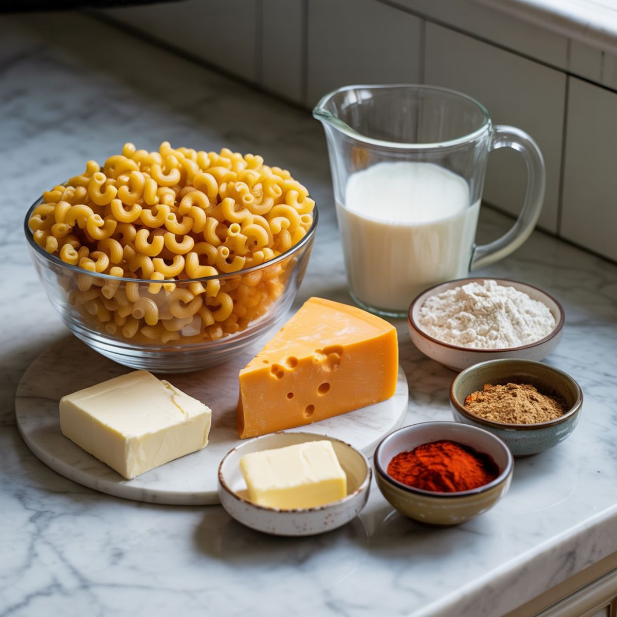 Mac and cheese recipe ingredients on a white marble countertop