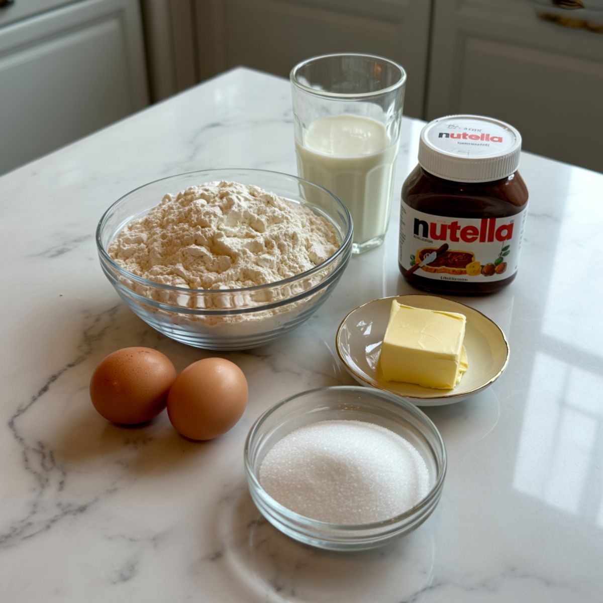 Ingredients for crepes nutella recipe laid out on white marble kitchen counter.


