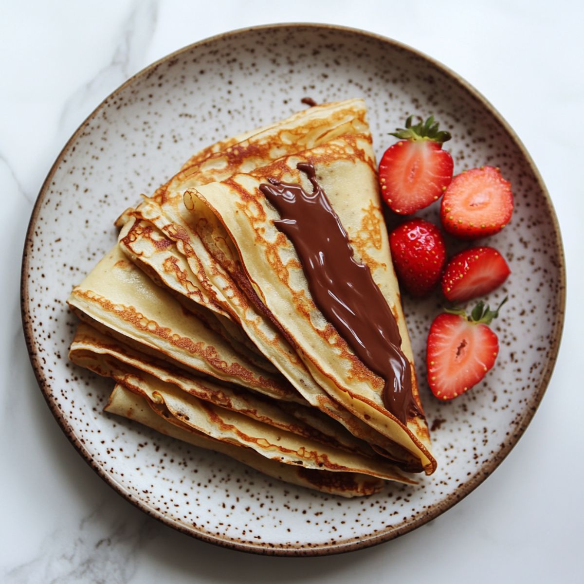 Stack of homemade Crepes Nutella recipe with strawberries on white marble counter.