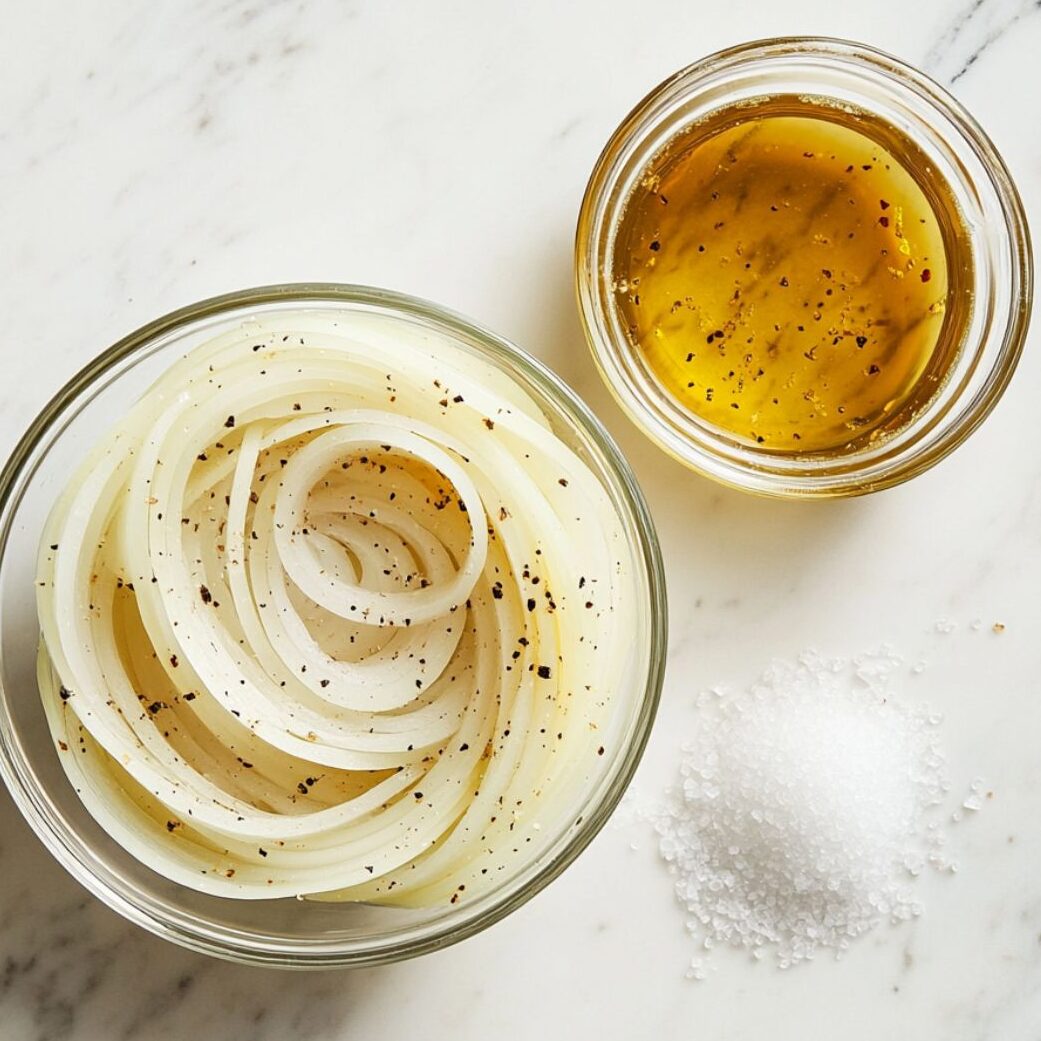 Cucumber salad ingredients arranged on a white marble countertop in a homemade setting