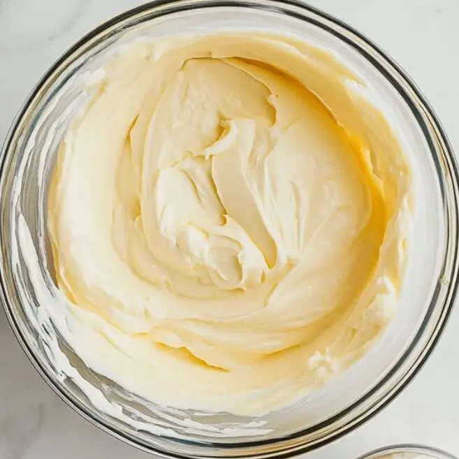 Vanilla pudding being mixed in a glass bowl beside cream cheese and Cool Whip.