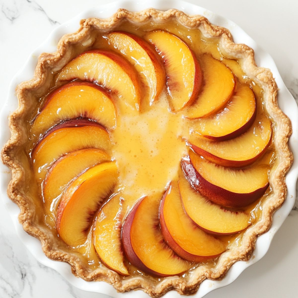Overhead view of a freshly baked peach custard pie recipe with golden crust and juicy peaches in a white pie dish on a marble kitchen counter.