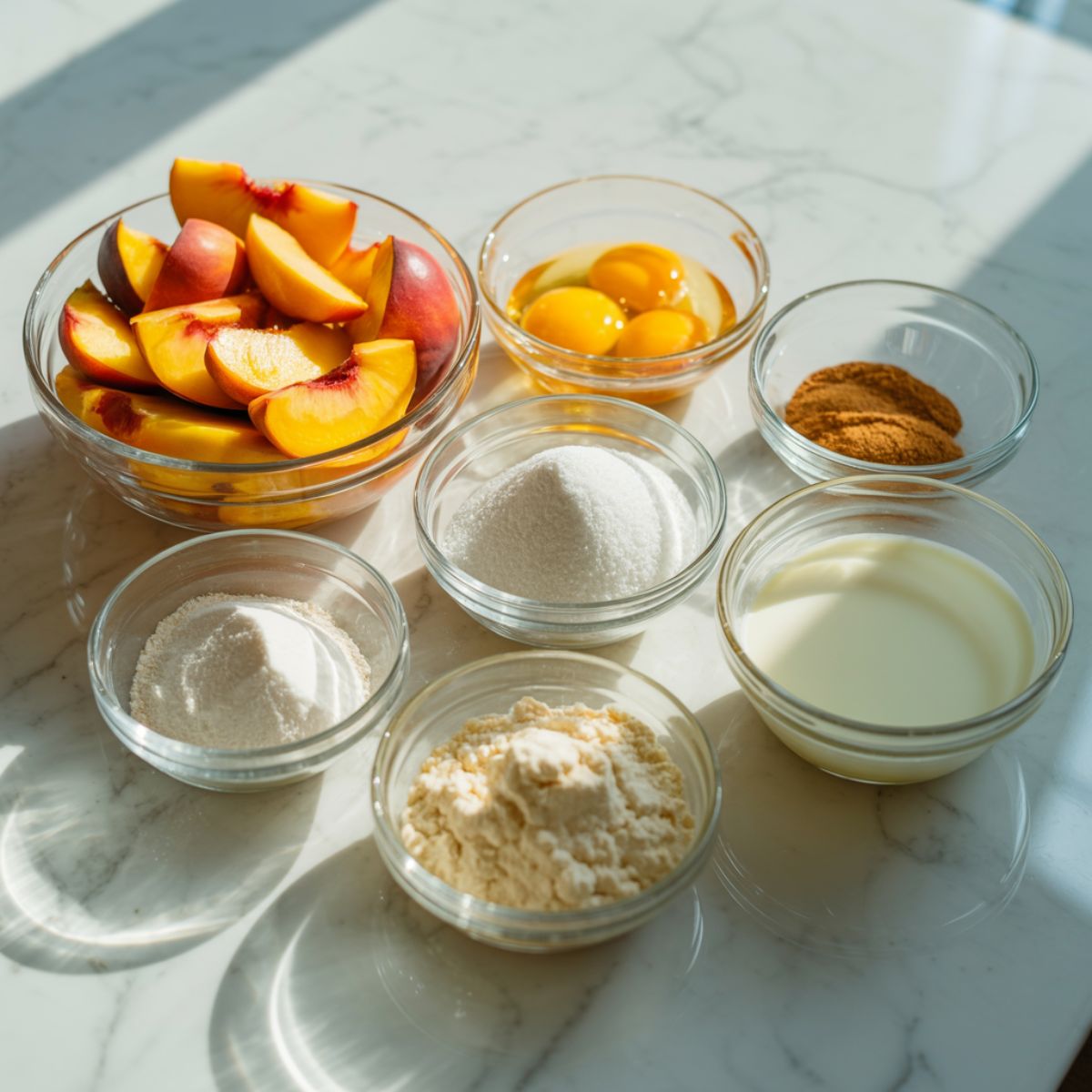 Flat lay of measured ingredients for peach custard pie recipe including sliced peaches, eggs, flour, sugar, milk, cream, and vanilla on a marble counter with glass bowls.

