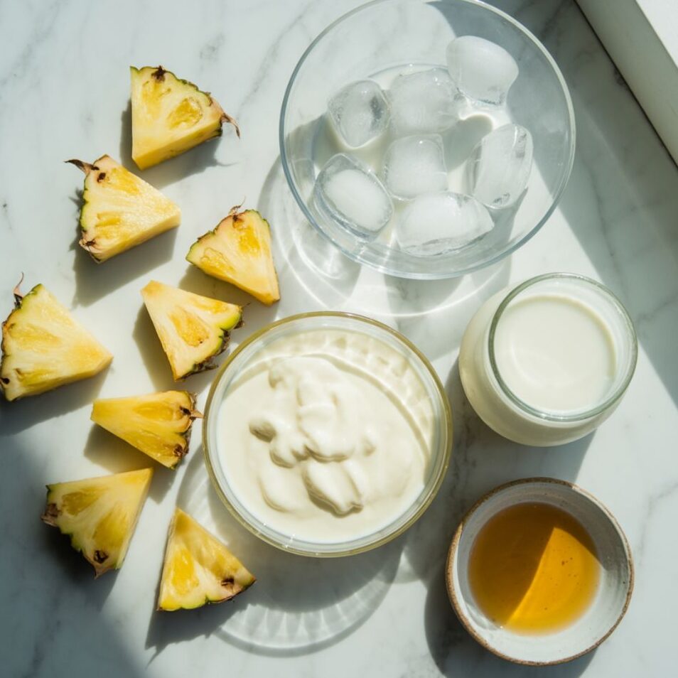 Pineapple, yogurt, coconut milk, honey, and ice laid out on a white marble countertop