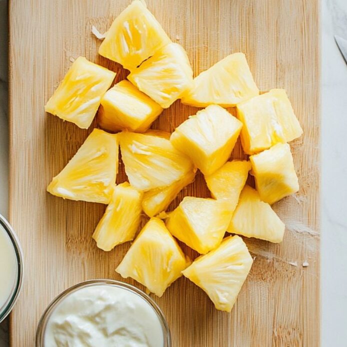 Chopped fresh pineapple with yogurt and milk prepped for blending