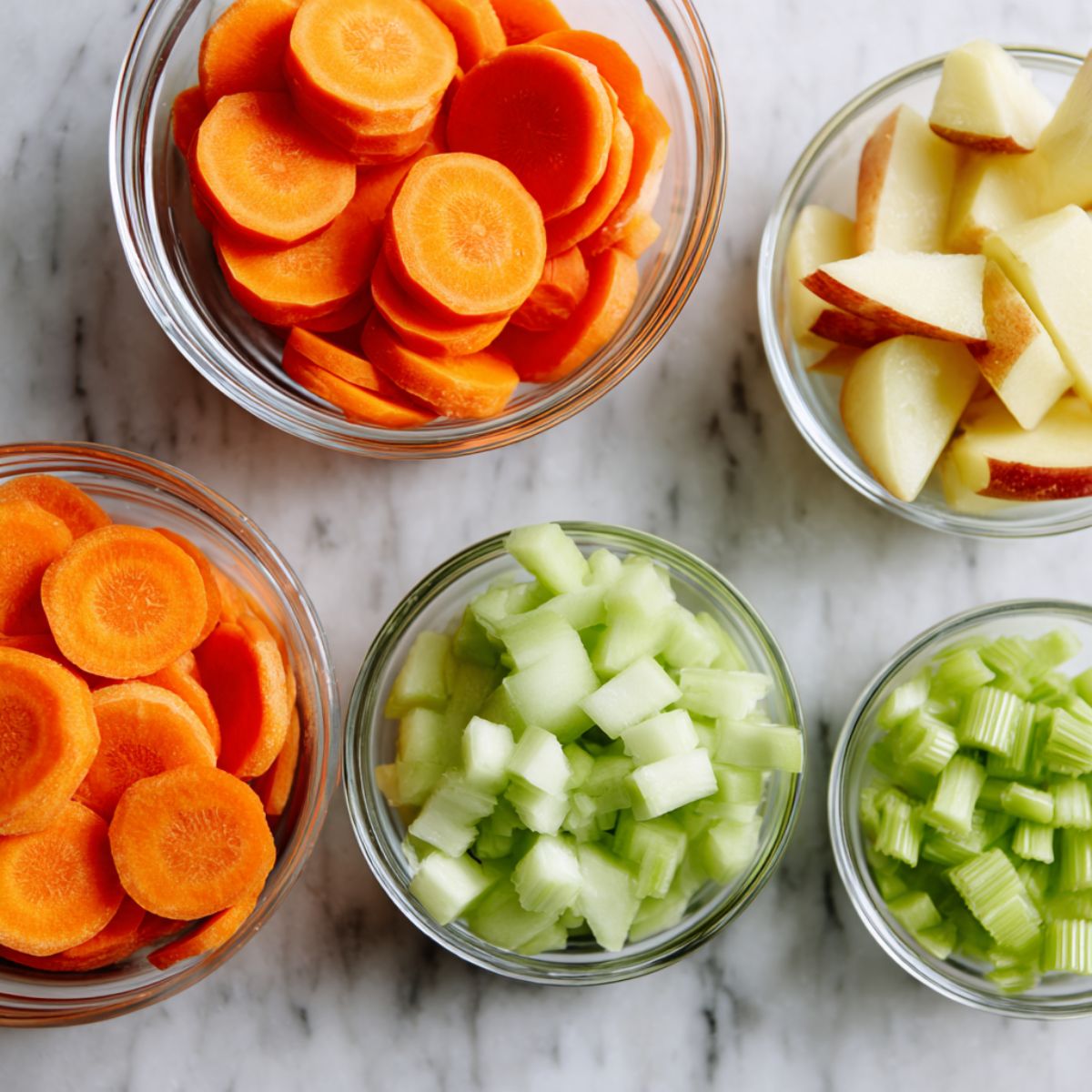 Carrots, apples, celery, and ginger prepped and placed in glass bowls