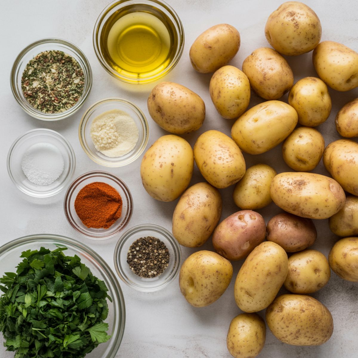Raw ingredients for ranch potatoes recipe including halved baby potatoes, seasoning, and oil displayed naturally on a white kitchen counter