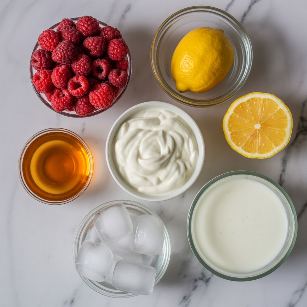 Ingredients laid out for raspberry lemonade smoothie on white kitchen counter