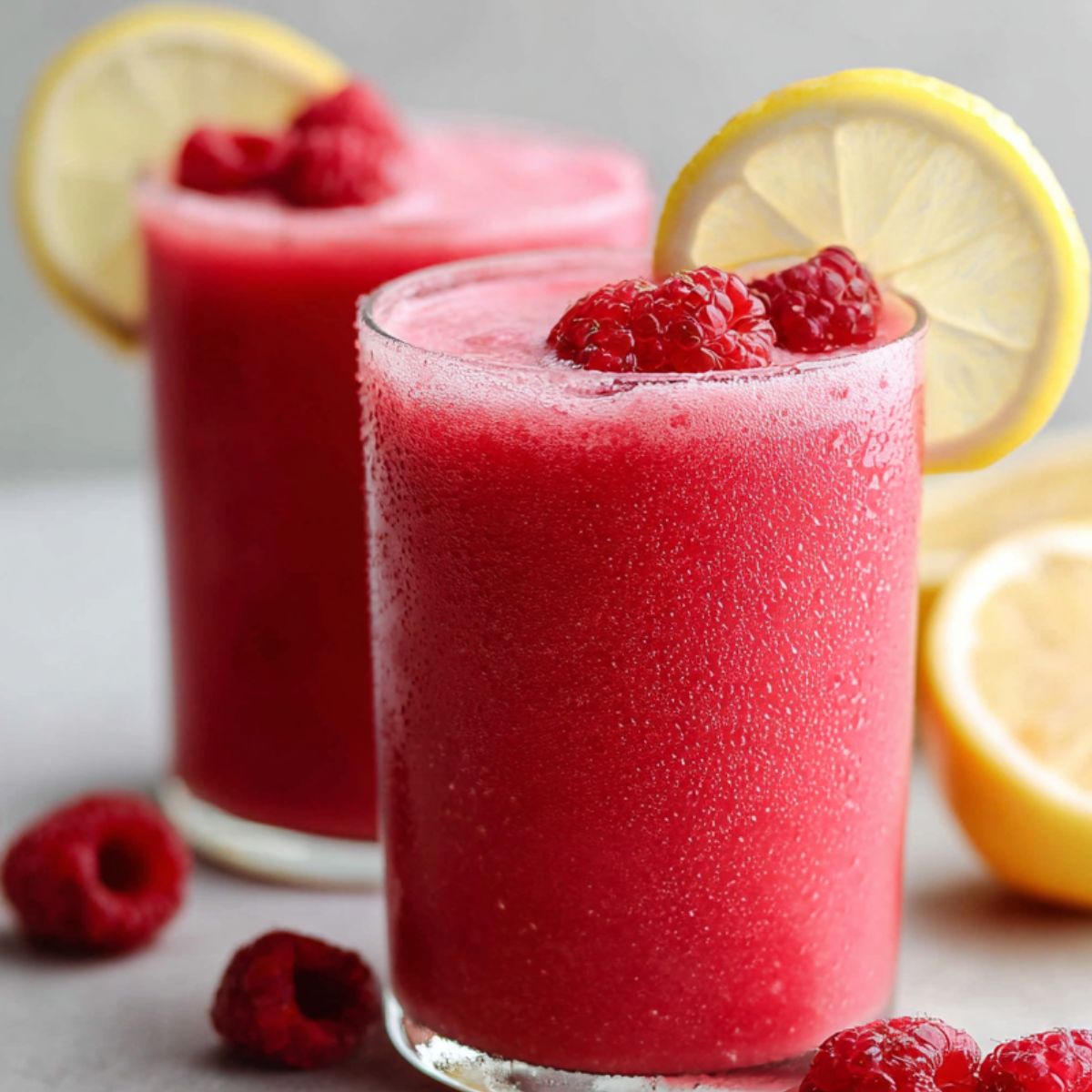 Homemade raspberry lemonade smoothie recipe in a clear glass on a white counter