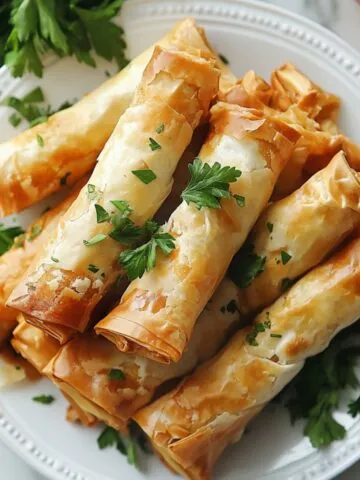 Crispy golden sigara borek recipe on a white plate with parsley garnish