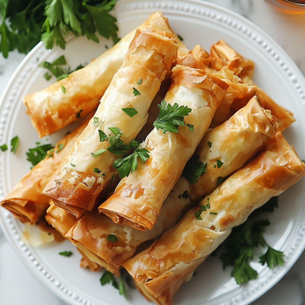 Crispy golden sigara borek recipe on a white plate with parsley garnish