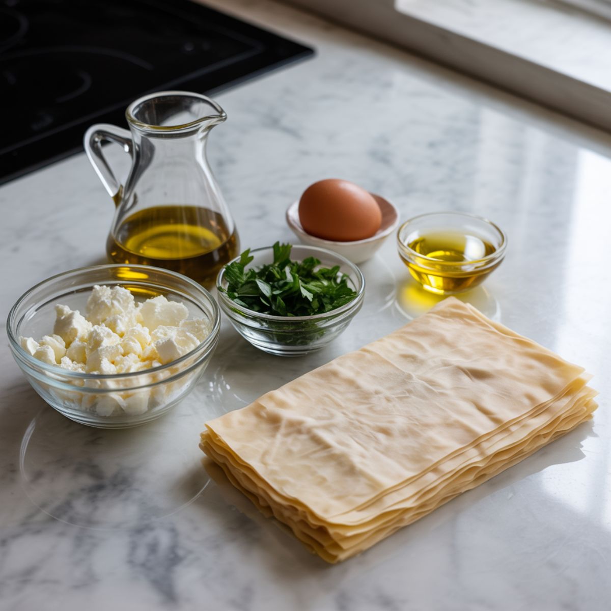 Ingredients for Turkish sigara borek recipe laid out on a marble counter