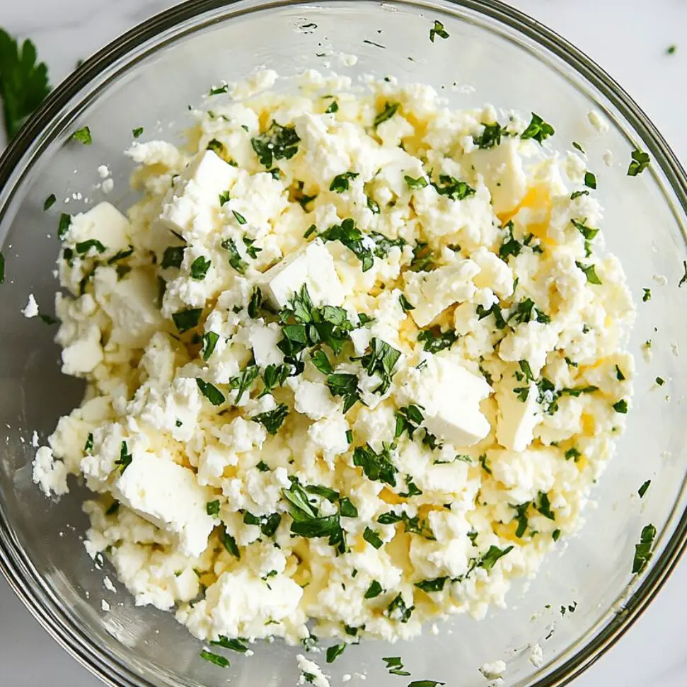Feta, parsley, egg mixture in a glass bowl on marble counter