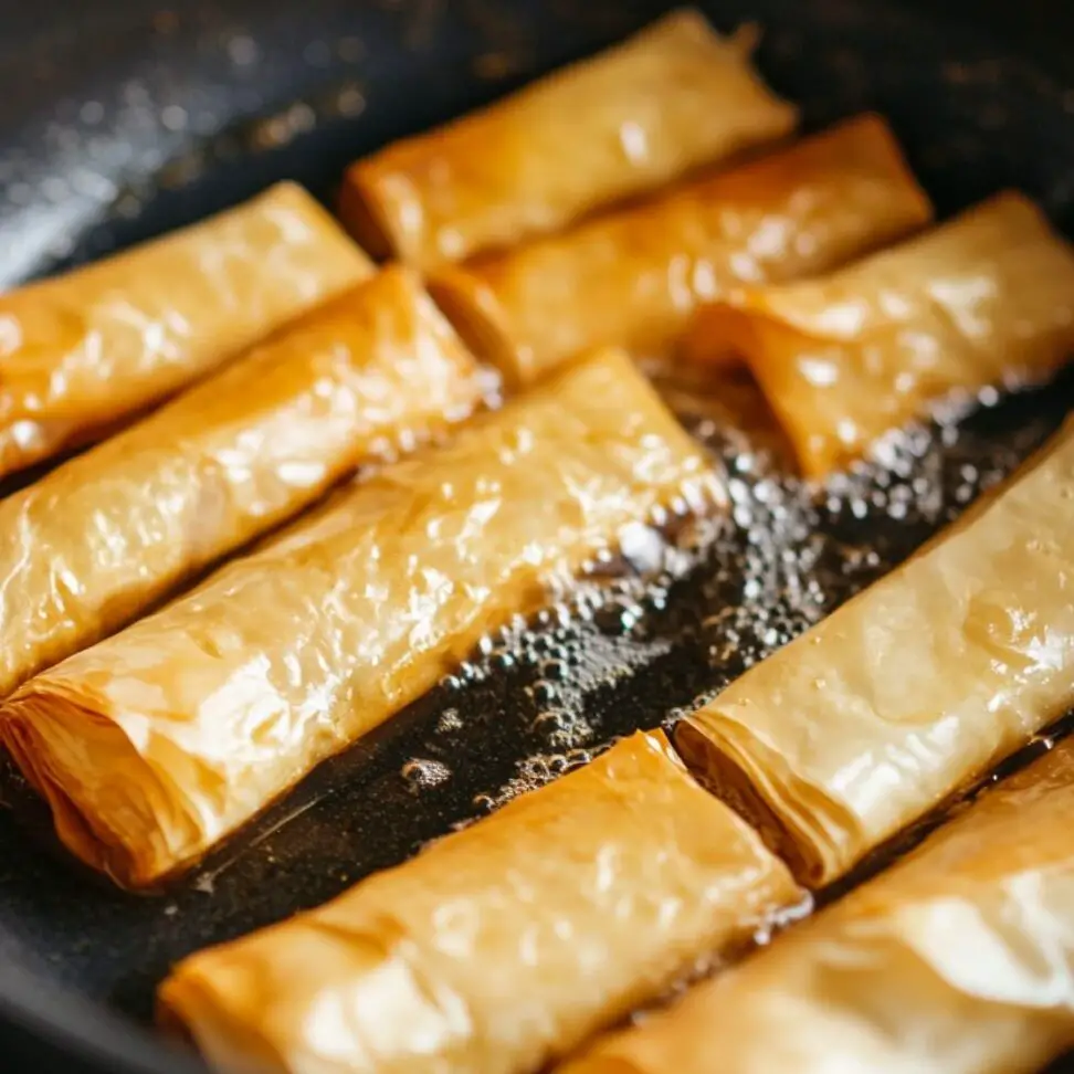 Sigara borek frying in a pan, turning golden brown