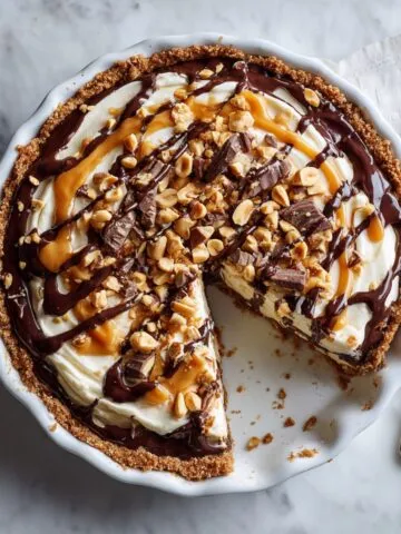 Whole Snickers pie recipe with slice removed and visible gooey caramel layers