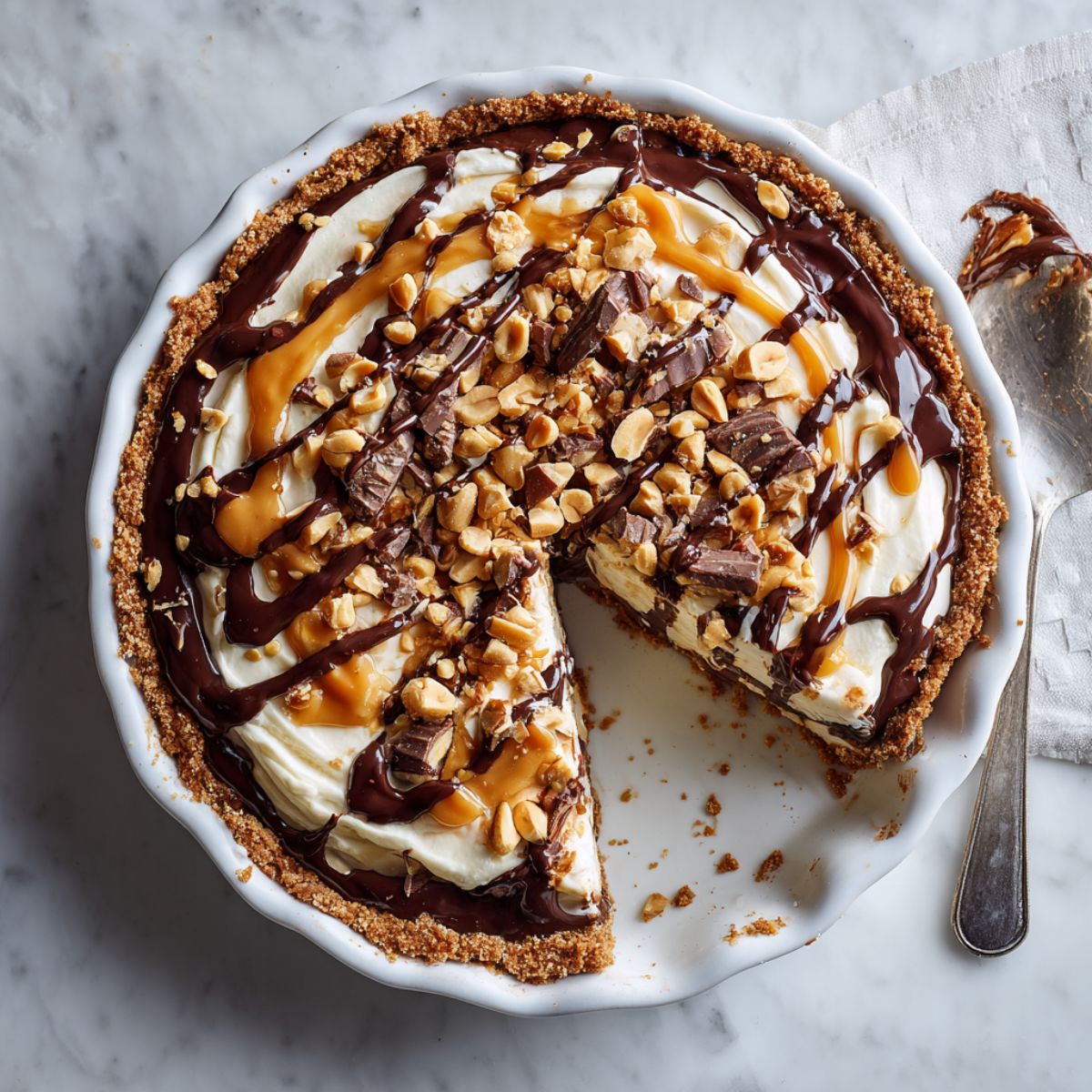 Whole Snickers pie recipe  with slice removed and visible gooey caramel layers