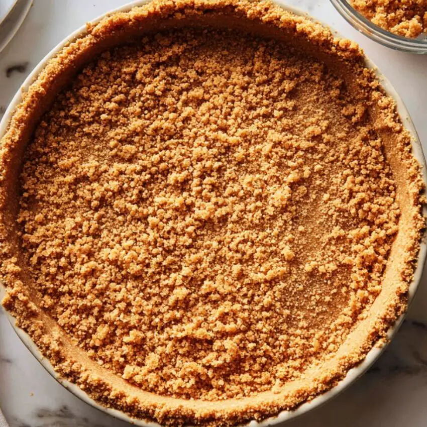 Graham cracker crust pressed into pie dish on marble counter