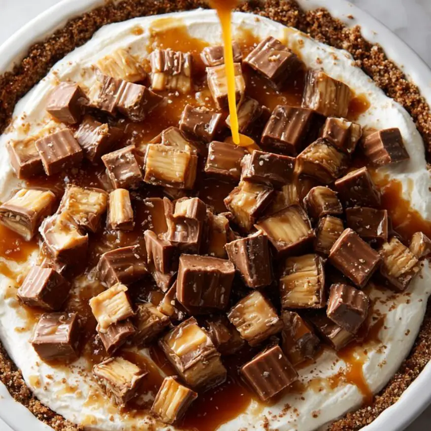 Pie being layered with filling, chopped Snickers, and caramel